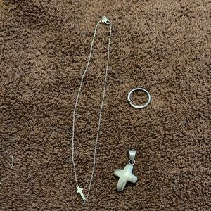 Silver Cross Necklace and Ring Set